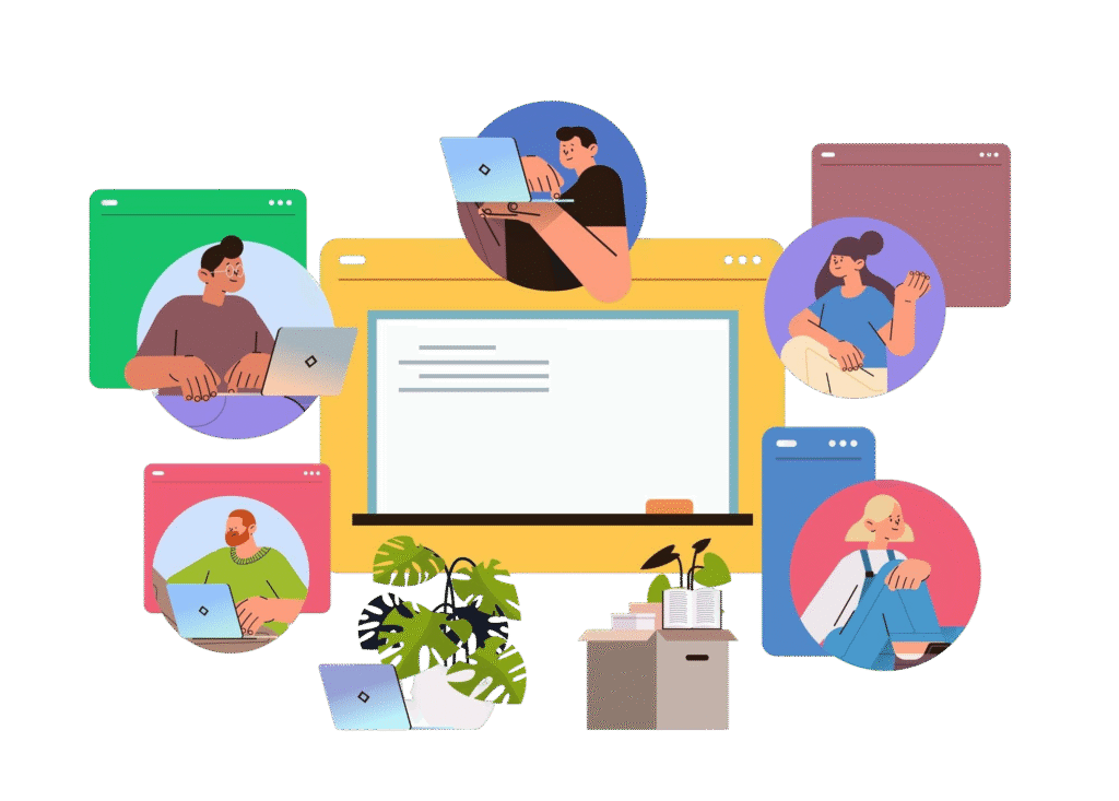 students discussing virtual conference meeting webinar web seminar peer collaboration online education concept